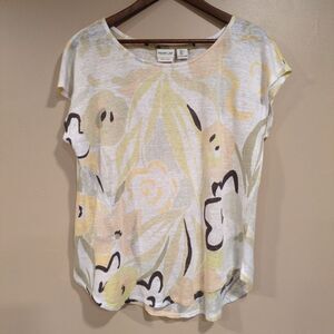 Rachel Zoe 100% Linen Floral Top Womens L Short Sleeve Coastal Beachy Artsy